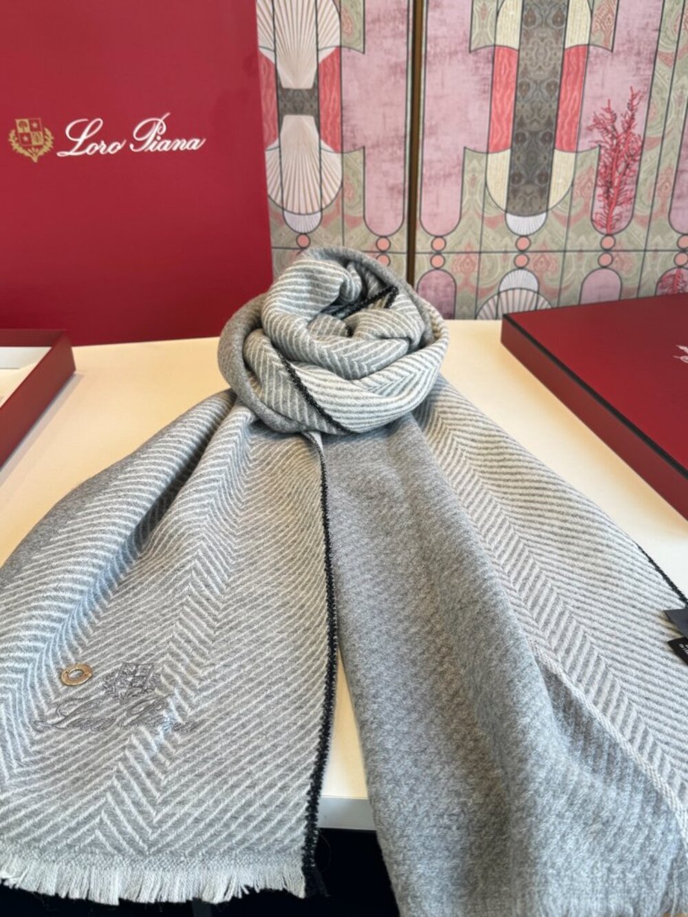 Loro Piana Grey Chevron Herringbone Cashmere Fringe Scarf Stole